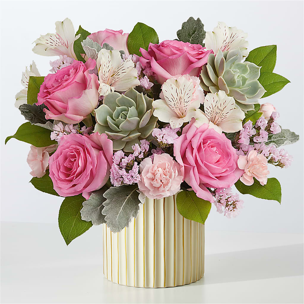 Dusty Rose Bouquet with Ivory Vase – Coupeville Florist, Coupeville WA